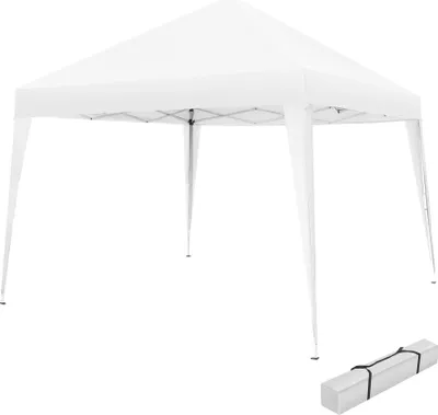 A white pop-up canopy tent is shown on a white background, with its carrying bag visible in the lower right corner.