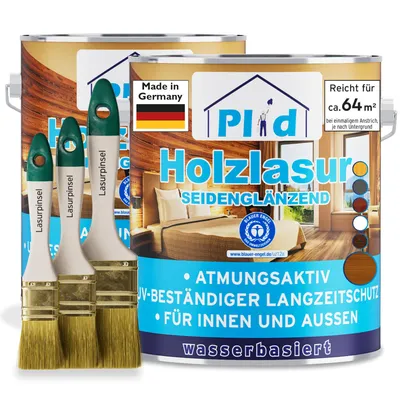 Produktbild von Plid Holzlasur Innen & Aussen Teak 5L+ Lasurpinselset 3 tlg. / Holzschutzlasur Außen mit UV beständigem Langzeitschutz - Grundierung Holz Außen