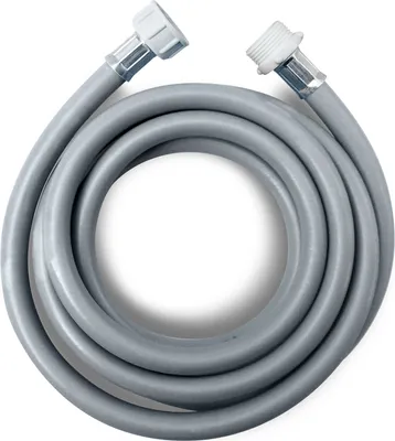 A coiled gray washing machine hose with white connectors on a white background.