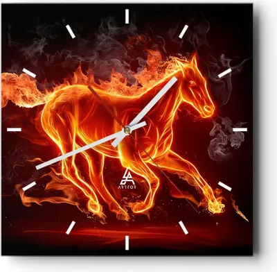 Produktbild von Wanduhr - Quadrat - Glasuhr - Pferd Illustration Flammen - 40x40cm - Schleichendes Uhrwerk - Lautlos - zum Aufhängen bereit - Dekoration Modern - Wanddekoration aus Glas - C3AC40x40-0203