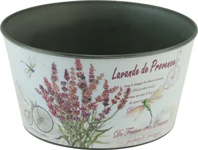 Produktbild von Runder dekorativer Kunststoff-Blumentopf mit Lavendelmotiv