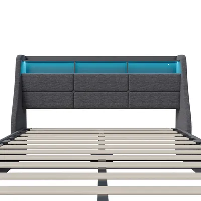 Produktbild von 140x200 cm großes Stauraumbett mit Lattenrost, USB-Typ-C-Anschluss, LED-Beleuchtung, Leinenbezug, Grau
