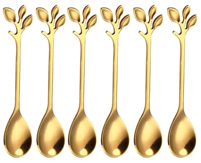 6er Set Goldene Blatt-Kaffeelöffel aus Edelstahl 12 cm