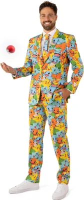 A man wearing a colorful Pokémon-themed suit is shown against a white background, holding a red Poké Ball.