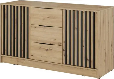 A front view of a wooden dresser with black slatted doors and three drawers.