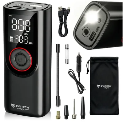 Produktbild von EVI TECH AirSync PRO Akku Kompressor 12 Bar Elektrische Luftpumpe 7500mAh Powerbank USB-C + 12V Kfz-Kabel für Auto Motorrad Fahrrad Tragbar Schwarz