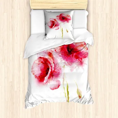 Produktbild von ABAKUHAUS Blume Bettbezug Set, Aquarellfarbe Optik Frühling Sommerzeit Garten mit Mohnblumen Muster, 135 x 200 cm + 80 x 80 cm, Pale Pink Pink