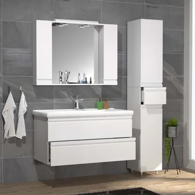 Produktbild von VCM 4-tlg. Waschplatz Waschtisch 100 cm Badmöbel Set Waschbecken grifflose Schublade Spiegelschrank Hochschrank Silora XL