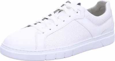 A white leather sneaker is shown from a side angle against a white background.