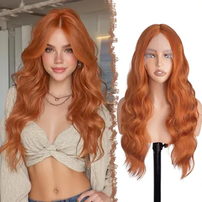 Produktbild von Perücke Lace Front Lang Gewellt Lockig Kunsthaar Rotbraun 70 cm HD Lace 34x11x3 cm