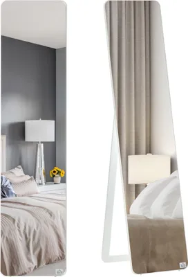 Image de HOMCOM Grand miroir pleine longueur rectangulaire, 37 x 160 cm - miroir sur pied ou mural - pour chambre à coucher, salon et dressing, bois aspect blanc