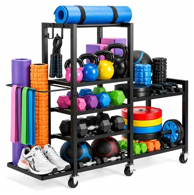 Obrázok produktu pre Regál na 6 úrovní s kolieskami, určený na uskladnenie fitness vybavenia
