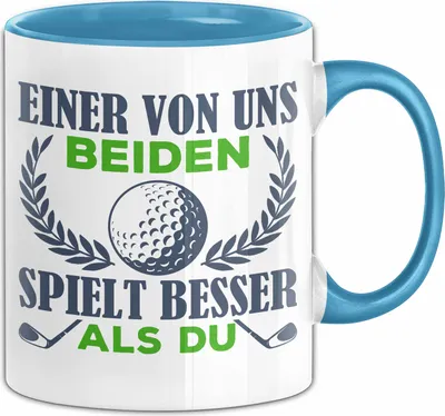 Produktbild von Golf Tasse Geschenk Spruch Für Eishockey-Spieler Einer Von Uns Beiden Spielt Besser Als Du Becher (Blau)