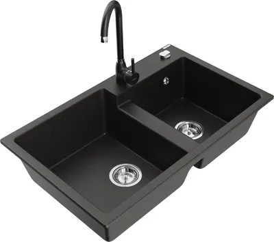 Produktbild von Mexen Tomas 2-Becken-Granitspüle mit Mischbatterie Telma, Schwarz/Gold metallisch - 6516-75-670200-70