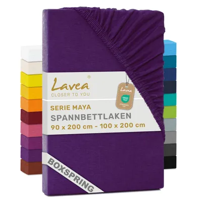 Produktbild von Lavea® Spannbettlaken 90-100x200 cm - Boxspringbett, Jersey, 40 cm Steghöhe, 100% Baumwolle, weich, atmungsaktiv, pflegeleicht, formstabil - Dunkellila