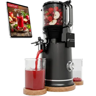 Produktbild von FERNHOLD Slow Juicer Entsafter für ganze Früchte & Gemüse, Kaltentsafter mit 130 mm Öffnung, 250 W, 1,8 l Saftbehälter, BPA-frei, Inkl. 2 Gläsern, KI-generiertes Bild