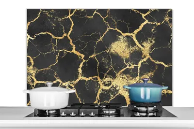 Produktbild von KitchenYeah®  Spritzschutz Küche - Küchenrückwand - Wandschutz für Herd und Spüle - Marmor - Gold - Schwarz 100x65 - Alu-Dibond (Alternative zum Spritzschutz aus Glas) - Hitzebeständig - Herdspritzsch
