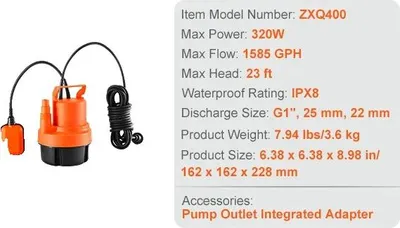Obrázek produktu pro Užitková čerpadlo, maximální průtok 4000 GPH, maximální výška zdvihu 31 ft, vodotěsné IPX8, 320 W 1585 GPH, EU