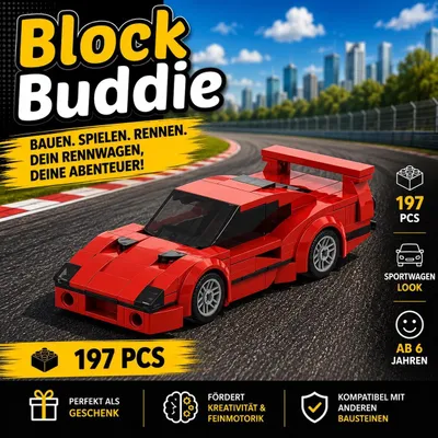 Produktbild von BlockBuddie™ F40 inspiriertes Klemmbaustein Auto mit 197 Teilen – Sportwagen Modellbausatz