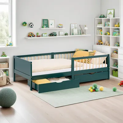 Produktbild von Homestyle4u Kinderbett 90x200 Holzbett mit Rausfallschutz mit 2 Schubladen Lattenrost Grün
