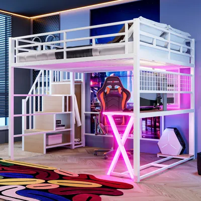 Productafbeelding van Merax, hoogslaper met 160x200 cm, inclusief LED-verlichting, bureau, kledingkast, opbergladder, planken, metalen bedstijl, kinderbed, wit