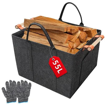 Image de Panier pliable en feutre pour bois de chauffage, 55 litres, dimensions 42x40x30 cm, avec poignée en bois et gants inclus