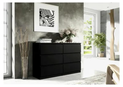 Produktbild von Kommode 120 cm Breite - Modernes Sideboard - Schrank mit 6 Schubladen - Schubladenschrank für Wohnzimmer, Flur, Schlafzimmer - Schwarz 120x78,5x39 cm