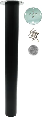 A black cylindrical furniture leg with a silver mounting plate and screws, shown against a white background.