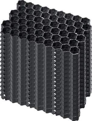 A stack of black honeycomb-shaped plastic grids.