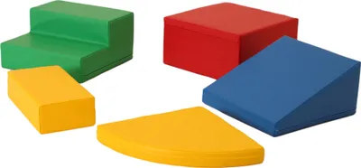 A set of colorful foam blocks arranged in a semi-circle on a white background.