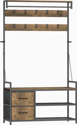 Produktbild von 6-in-1 Garderobenständer mit Sitzbank und Schuhregal, Industrie-Stil, 10 Haken, 2 Stoffschubladen, Metall, Braun