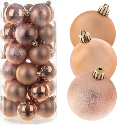 A set of copper-colored Christmas ornaments in a clear plastic container, with a few ornaments displayed separately to the right.