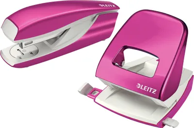 A pink metallic stapler and hole punch set from Leitz.