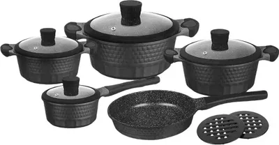 A set of cookware, including pots, a pan, and utensils, is displayed against a white background.