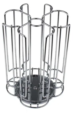 A chrome-plated metal capsule holder for coffee pods.