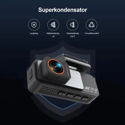 A marketing image for a dashcam, showcasing its features and capabilities.