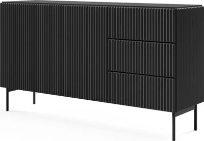 Produktbild von BETTSO Zweitürige Kommode TUTTI 147 cm – schwarz, mit 3 Schubladen & 2 Türen, Rillenstruktur, grifflos & elegant