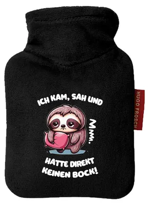 Produktbild von Huuraa Mini-Wärmflasche Kam sah und direkt keinen Bock Faultier 0,2 Liter Black Mini Veloursbezug Taschenwärmer Geschenkidee