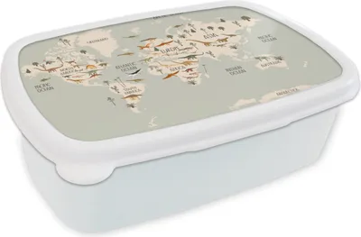 Produktbild von KitchenYeah® Lunchbox Brotzeit Brotdose 17x11 cm Weltkarte Kinder - Dino's - Kinder - Jungen - Mädchen - Kinder Kinder Brotzeitdose - Lunch Box - Kinder - Sandwich-Box - Schulbox - Lunch Boxen