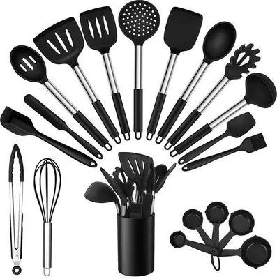 Produktbild von Famanu Küchenhelfer 20-teiliges Silikon Kochgeschirr Set mit Edelstahlgriff - Schwarz