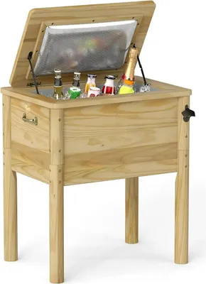 Produktbild von Getränkekühler aus Holz - 51 l Outdoor Kühlbox - Rustikaler Look - Mit Ablassventil - Für Garten, Terrasse, Pool, Party, Grill - Khaki