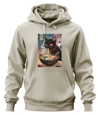Productafbeelding van Zwarte kat ramen noedelsoep, Japanse kawaii anime kat, uni hoodie, capuchontrui, natuur, maat M