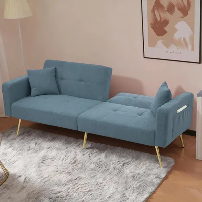 Produktbild von MODFU Klappbares Schlafsofa,Zweisitzer mit Kissen und seitlicher Aufbewahrungstasche,Sitzgruppe,Wohnzimmersofa mit goldenen Beinen,Antikblau