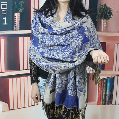 Produktbild von Frauen Retro Ethnische Stil Blumenmuster Quasten Langer warmer Schal Pashmina Schal, Farbe: Dunkelblau