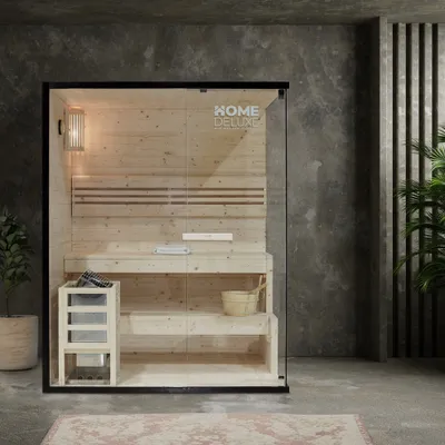 Produktbild von HOME DELUXE - Traditionelle Sauna - Shadow L - 150 x 120 x 190 cm - für 3 Personen - hochwertiges Fichtenholz, inkl. Saunaofen, Saunazubehör I Dampfsauna Aufgusssauna Finnische SaunaSauna