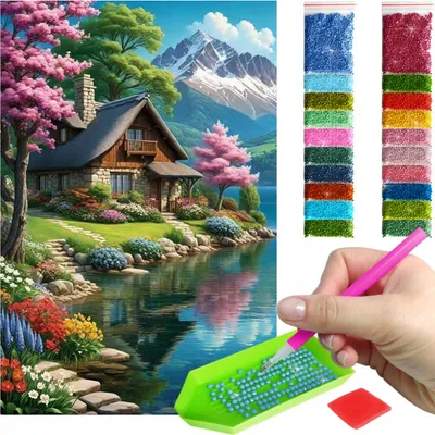 Produktbild von ARTULIO - Diamond Painting Set - Berghütte am See mit Blumenlandschaft - 60 x 40 cm - Groß XXL - Home Wand Deko, Bilder DIY