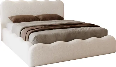 A white, textured bed with brown bedding and pillows, shown from a side angle against a white background.
