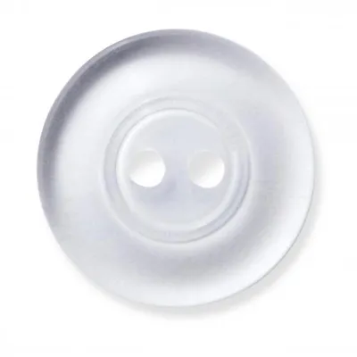 A single, transparent button with two holes is shown against a white background.