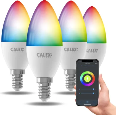 Produktbild von Calex Smart LED Lampe, E14, B35 Kerze, RGB-Farben & kalt- bis warmweiß Licht, dimmbar, WLAN App- & Sprachsteuerung, 4er Pack