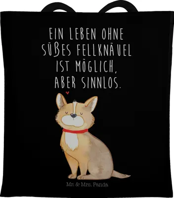 Produktbild von Mr. & Mrs. Panda Einkaufstasche Hund Glück - Schwarz - Geschenk, Tragetasche, Herz, Schultasche, Beutel, Corgie, Liebe, Spruch, Tasche, Sprüche, Tote Bag, Laptoptasche